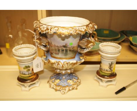 A 19th century Grainger of Worcester porcelain urn of campagna form with twin swan handles around a reserve of Worcester Brid