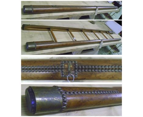 POLE LIBRARY LADDER, folding, brown leather with studs, 229cm.