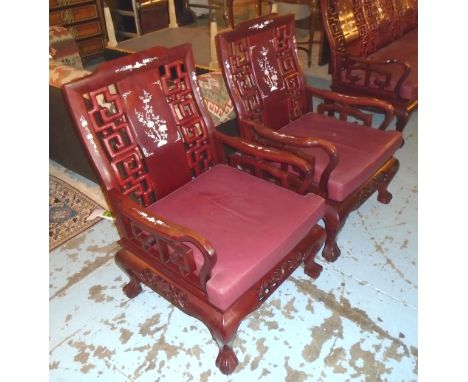 THRONE SEATS, a pair, Chinese style with mother of pearl inlay, 67cm x 65cm x 100cm.