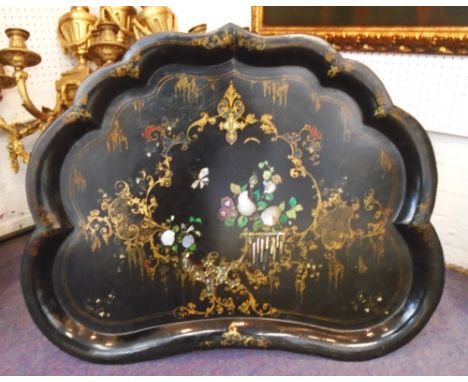 PAPIER MACHE TRAY, of curved form, black lacquer with gilt and foliate detail and mother of pearl inlay, 59cm H x 79cm W.