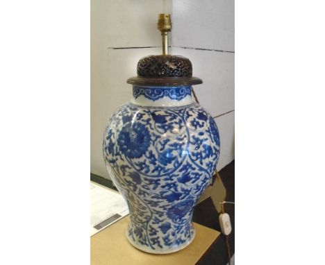 TABLE LAMP, urn shaped, blue and white, with pierced lid, overall 51cm H.