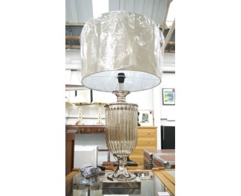 TABLE LAMP, plated metal and glass base, round satin shade, 85cm H, shade 46cm diam.