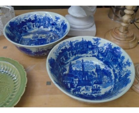 BOWLS, a pair, blue/white ceramic depicting architectural views, each 41cm diam. x 26.5cm H. (2)