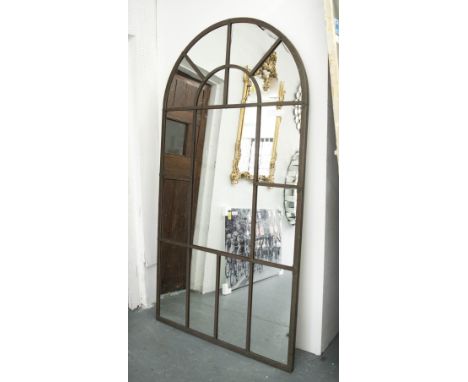 ARCHITECTURAL MIRROR, arched top within a metal frame, 206cm x 109cm.