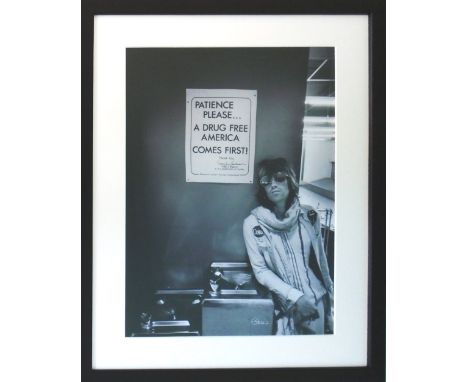 ROLLING STONES KEITH RICHARDS, 'Patience Please - a drug free America (like Keith)', 1971, 48cm x 34 cm, framed and glazed.