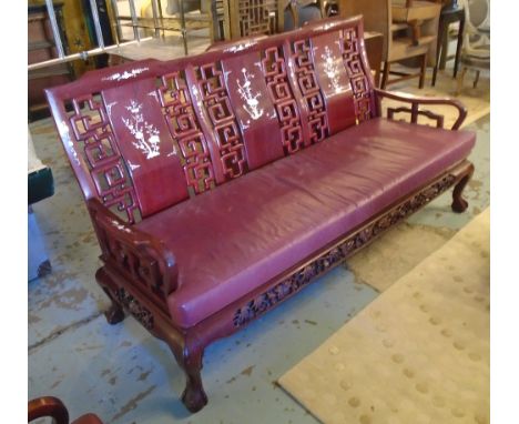 SOFA, Chinese style with mother of pearl inlay and crimson seat cushions in a hardwood, 184cm x 70cm x 100cm. (with faults)