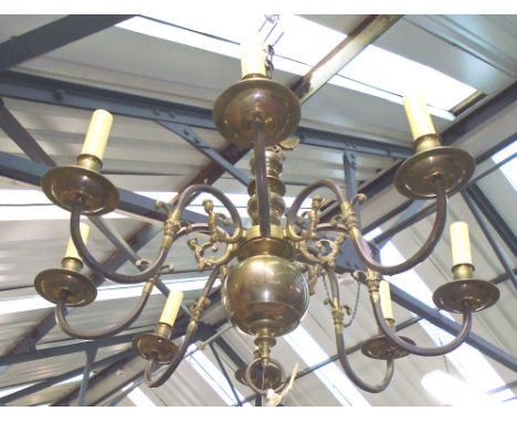 CHANDELIER, brass, Dutch style, eight branch, 55cm H plus chain.