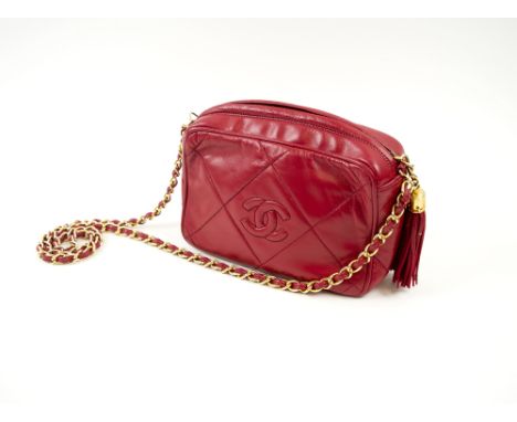 VINTAGE CHANEL CAMERA BAG, red leather, with matching leather lining, gold hardware, zip at the top with tassel, made in Ital