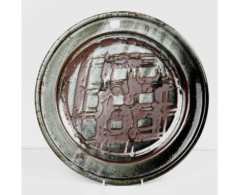 John Leach for Muchelney Pottery stoneware charger, decorated with Tenmoko brushwork on an ash ground, stamped 'MUCHELNEY', d