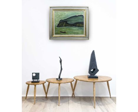 An Ercol pale elm pebble nest of three tables, the largest width 65cm.Condition report: Signs of general wear to largest tabl