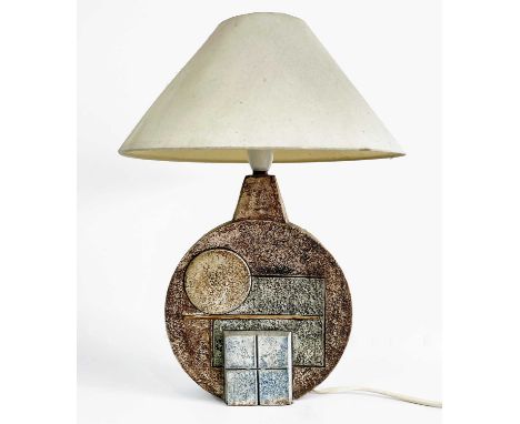A Troika pottery moon table lamp, of geometric moulded design upon a light brown textured base, decorators monogram and inscr