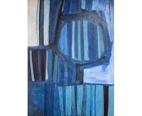 Sir Terry FROST (1915-2003)Blue and Black VerticalsOil on boardSigned, dated and inscribed label to verso 'Blue and Black Ver