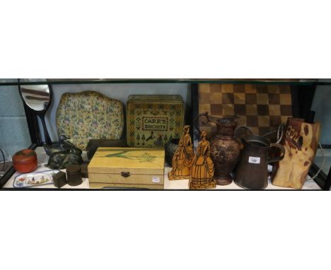 Collection of woodenware and metalware to include chess board 