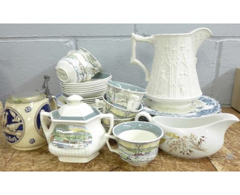 Six Ashworth Bros. The Blue Funnel Line, Adams Old Winter Scenes tea ware, a Portmeirion jug, a German pigeon racing tankard 