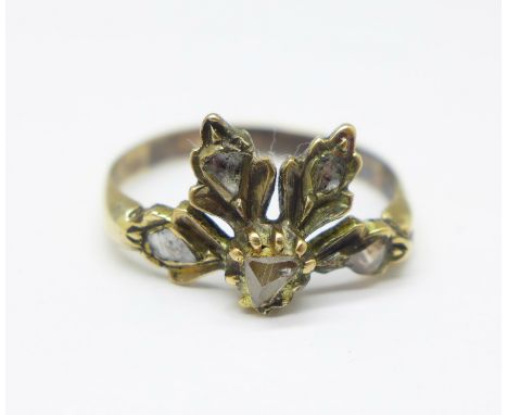 A yellow metal ring set with five old cut diamonds, a/f, 2.8g, O 