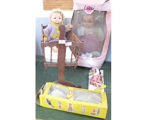 A Pelham puppet, a Palitoy doll and a doll's cradle, etc. 