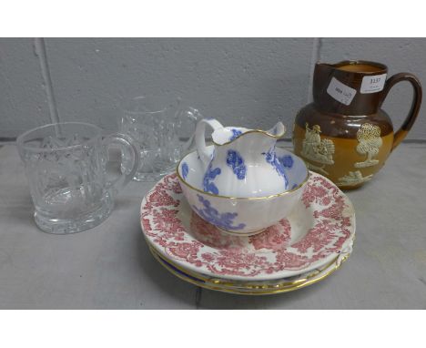 A Royal Doulton harvest jug, Worcester china, two commemorative glass mugs and a plate **PLEASE NOTE THIS LOT IS NOT ELIGIBLE