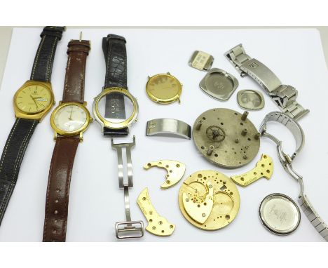 Assorted watch spares including Raymond Weil, Longines, Tissot, Ebel, Gucci, LeCoultre, (clock part) etc. 