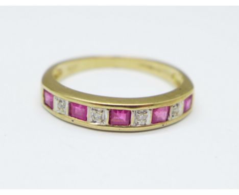 A 9ct gold, ruby and diamond ring, 1.6g, M 