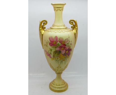 A Royal Worcester two handled blush vase decorated with flowers, 999, a/f, 26.5cm 