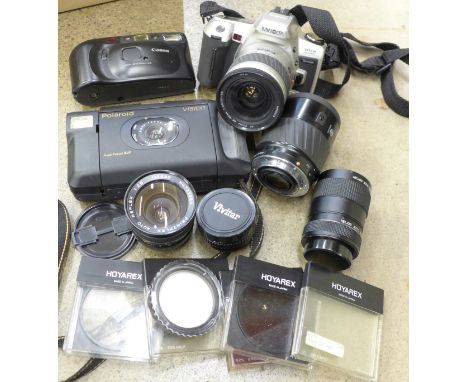 Cameras including a Canon Sure Short 35mm, Polaroid Vision camera, Minolta, filters and lens, etc. 