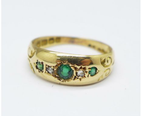 An 18ct gold, green stone and diamond 'gypsy' ring, Birmingham 1907, 1.9g, L, shank worn 