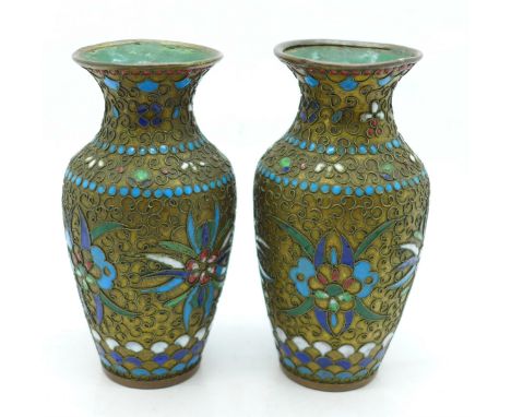 A pair of Russian gilt metal and enamel posy vases, 10.5cm 