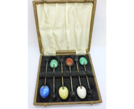 A set of six silver and enamelled coffee spoons, Adie Bros., enamel a/f on two spoons 