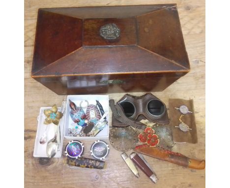 A Georgian tea caddy containing assorted collectables. 