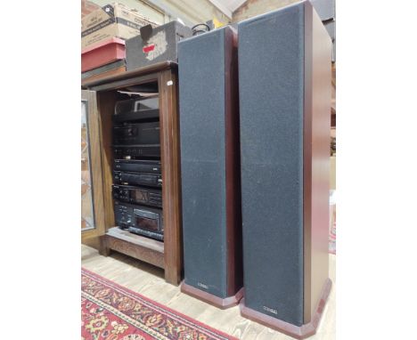 A HiFi system comprising Pioneer CD player, amplifier and tuner, turntable &amp; pair of Mission 753 floor standing speakers.