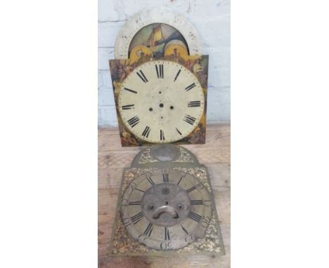 Two long case clock dials.Dimensions of brass dial only:- 31cm x 44cm