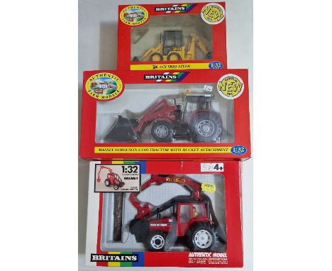 Three Britains diecast models comprising of a 9516 Valmet Logging Tractor, a 09450 Massey Ferguson 6140 Tractor with Bucket &