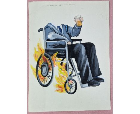An original working sketch/watercolour from the Peter Kay series 'Phoenix Nights', depicting Brian Potter in wheelchair with 