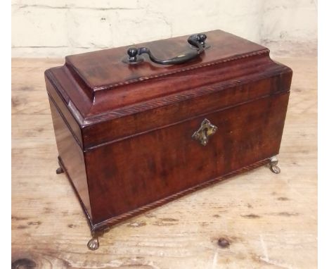 A George II mahogany tea caddy with herringbone cock beading, brass handle and feet. 