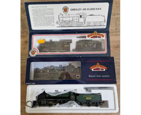 Two Bachmann 00 gauge locomotives &amp; tenders, 32-153 n class 1824 lined southern green &amp; 31-850 J39 1974 L.N.E.R. line