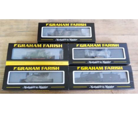 A group of five Graham Farish by Bachmann N gauge model engines comprising: 3F Jinty 47483 BR Black Crest, 4MT Tank 80032 BR 