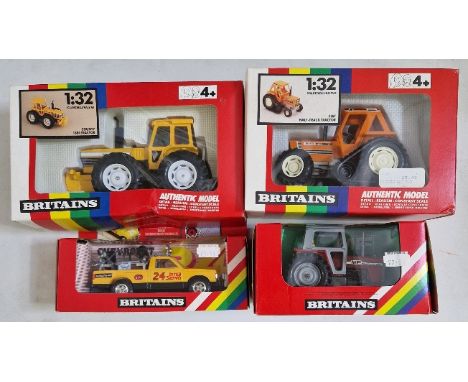 Four Britains diecast models comprising of a 9521 Country 1884 Tractor, a 9523 Fiat Half-Track Tracor, a 9573 Chevy Farm Serv