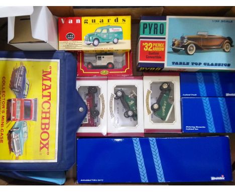 A box of mainly die-cast model vehicles including Matchbox, also including an unbuilt Pyro '32 Pierce Arrow kit etc.