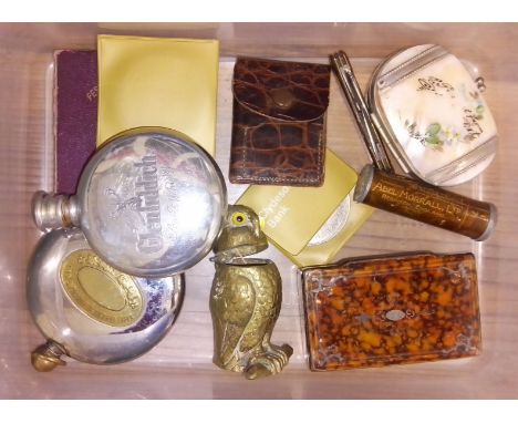 Various collectables including brass matchstick holder modelled as an owl, trinket boxes, coins, hip flask, etc. 