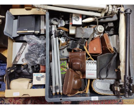Two boxes of cameras, binoculars and accessories including vintage cameras, tripods, compacts, Polaroid camera, 8mm cine cam,