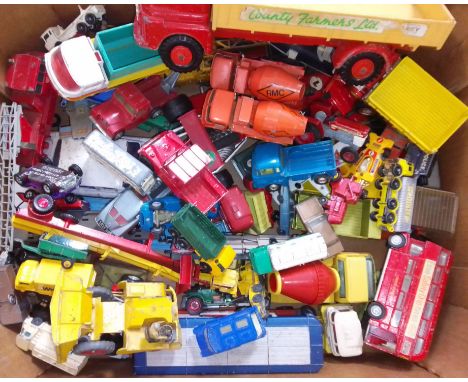 A box of assorted die-cast model vehicles including Triang, Lone Star, Dinky, Matchbox, Corgi. 