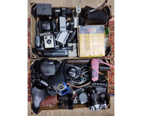 Two boxes of cameras, binoculars and accessories including Canon, Yashica, Olympus & Minolta 35mm cameras, vintage cameras, v