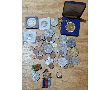 A tub of assorted GB coins, medals &amp; a silver ring to include commemorative crowns (1 gold plated &amp; mounted with chai