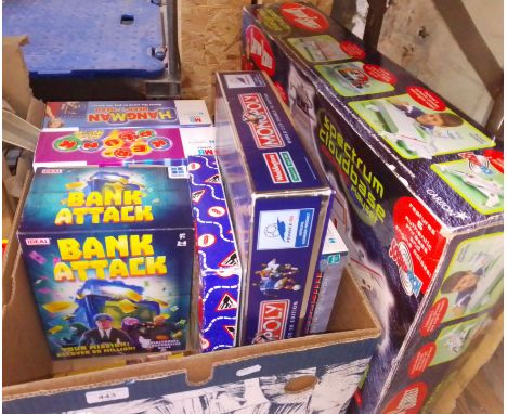 Assorted toys and games including Monopoly 1998 World Cup, Bank Attack, MB Games, Captain Scarlet Spectrum Cloudbase etc. 