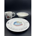 A Wedgewood Beatrix Potter nursing set comprising of bowl, plate and mug