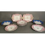 A selection of Victorian china plates in pink and gilt and a further two in blue and gilt