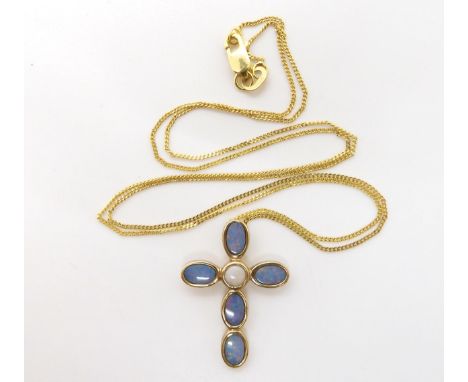 A 9ct gold opal doublet and white opal cross and chain, length of pendant 2.4cm, length of chain 44cm, weight 2.3gms Conditio