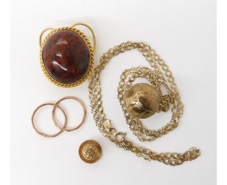 A 9ct gold football pendant and chain, chain length 44cm, rose metal sleeper earrings, a yellow metal scarf toggle set with j