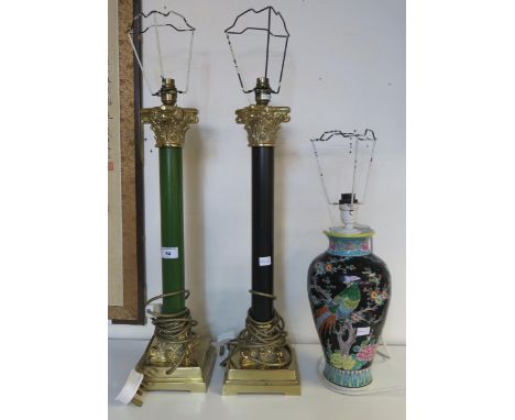 A pair of 20th century Corinthian column style table lamps and a oriental ceramic table lamp (3) Condition Report:Available u