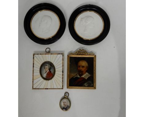 TWO 19TH CENTURY BISCUIT ROUNDELS 8cm diameter, 17th century style portrait of a gentleman, oil on card, 8.5 x 7cm,18th centu